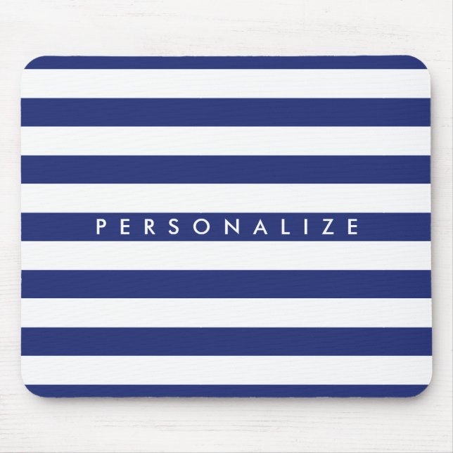 Elegant navy blue nautical stripe personalised mouse pad (Front)