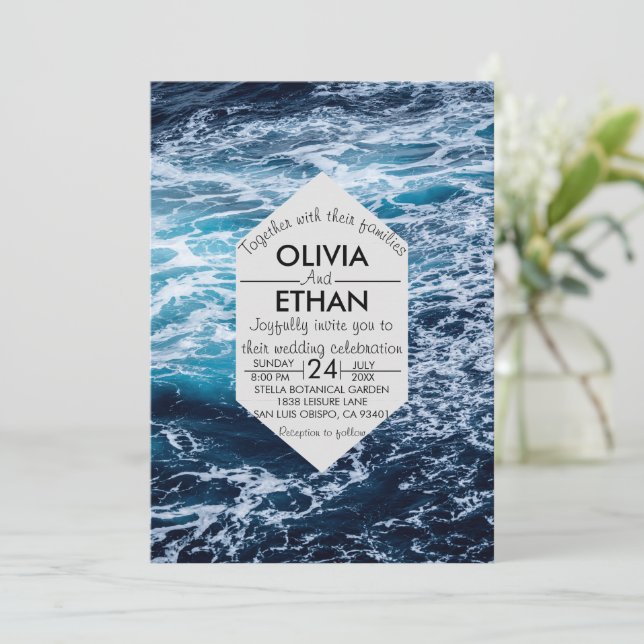 Elegant Navy Blue Ocean Waves Beach Wedding Invitation (Standing Front)