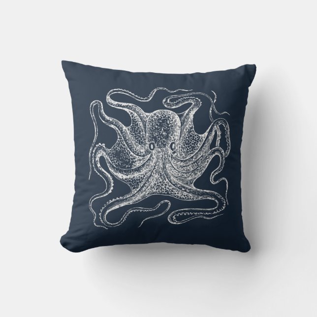 Elegant Navy Blue Octopus Illustration Cushion (Front)