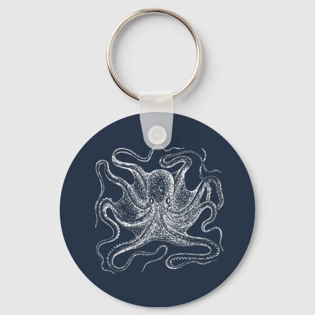 Elegant Navy Blue Octopus Illustration Key Ring (Front)