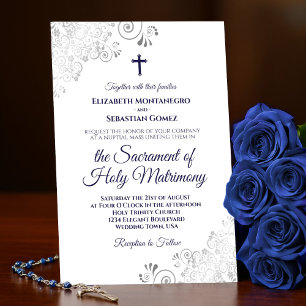 Elegant Navy Blue on White Modern Catholic Wedding Invitation
