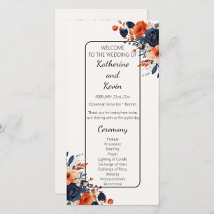 Elegant Navy Blue Orange Floral Wedding Program