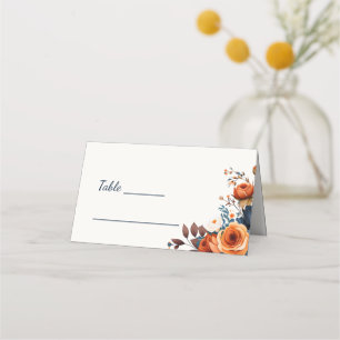 Elegant Navy Blue Orange Floral Wedding Table Place Card