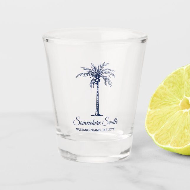 Elegant Navy Blue Palm Tree Personalised Shot Glass (Front)