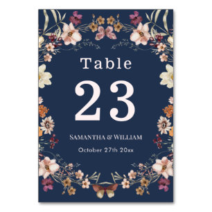 Elegant Navy Blue Pastel Wildflower Boho Wedding Table Number