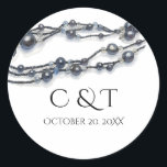 Elegant Navy Blue Pearl Watercolor Modern Wedding  Classic Round Sticker<br><div class="desc">Announce your special day with timeless elegance through this pearl-themed wedding design, featuring a luxurious watercolor illustration of navy and silver-grey beads. The layout showcases hand-painted pearl strands delicately arranged across the top, adding depth and subtle 3D texture. Set against a soft ivory paper background, the composition balances classic sophistication...</div>