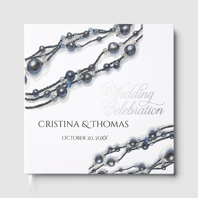 Elegant Navy Blue Pearl Watercolor Modern Wedding  Guest Book (Front)