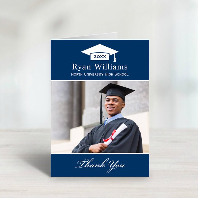 Elegant Navy Blue Personalised Graduation Photo Thank You Card (Creator Uploaded)