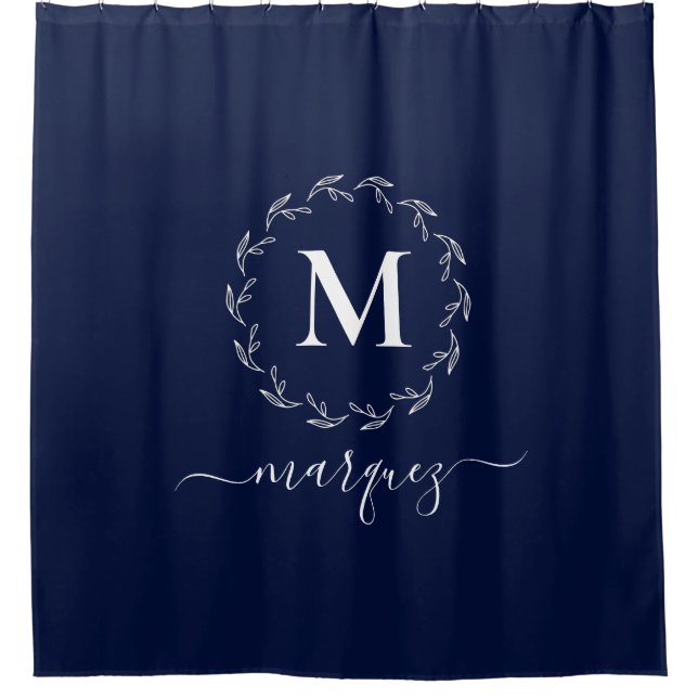 Elegant Navy Blue Personalised Wreath Monogram Shower Curtain (Front)