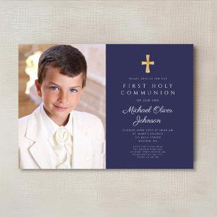 Elegant Navy Blue Photo Boy First Communion Invitation