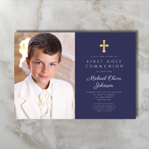 Elegant Navy Blue Photo Boy First Communion Invitation