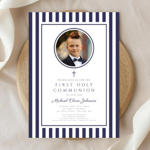 Elegant Navy Blue Photo Boy First Communion Invitation