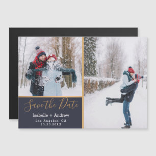 Elegant Navy Blue Photo Collage Gold Save the Date Magnetic Invitation