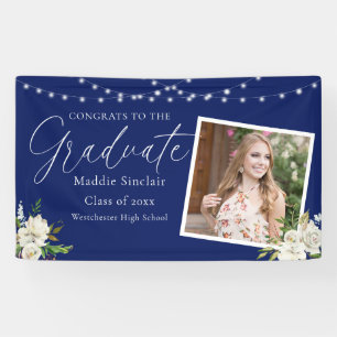 Elegant Navy Blue Photo Floral Graduation Banner