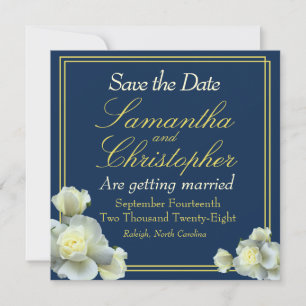 Elegant Navy Blue Photo Gold Script White Rose Save The Date