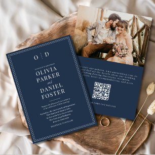 Elegant Navy Blue Photo QR Code Wedding Invitation
