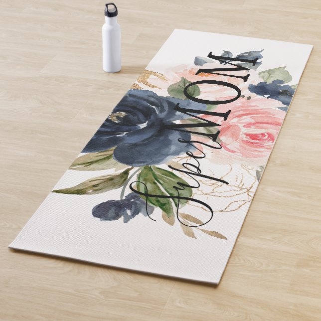 Elegant Navy Blue Pink Blush Floral Super Mum  Yoga Mat (In Situ)