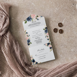 Elegant Navy Blue Pink Blush Gold Floral Wedding  All In One Invitation