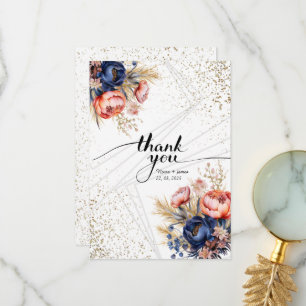 Elegant Navy Blue Pink Blush Gold Floral Wedding Thank You Card