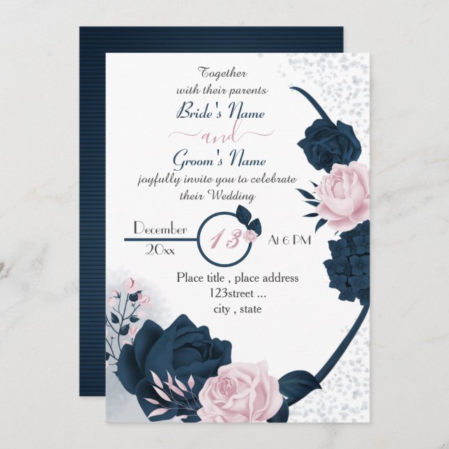 elegant navy blue & pink flowers wedding  invitation (Front/Back)