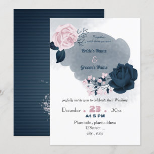 elegant navy blue & pink flowers wedding invitation