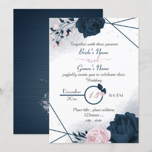 elegant navy blue & pink flowers wedding  invitation