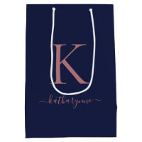 Elegant Navy Blue Pink Rose Gold Monogram Name