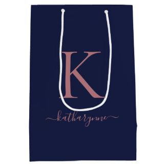 Elegant Navy Blue Pink Rose Gold Monogram Name Medium Gift Bag