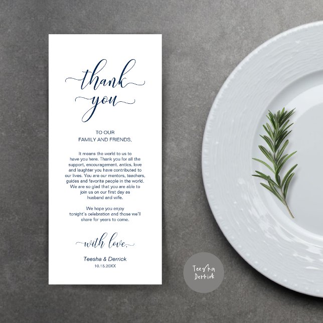 Elegant Navy Blue, Place Setting Thank You Card (Wedding Dinner Place Setting Thank You Card, Modern Classy Design, Navy Blue)