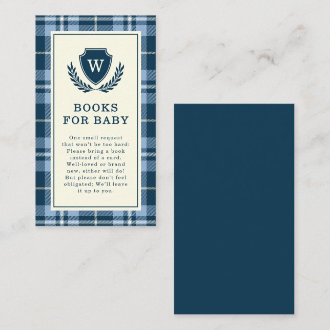 Elegant Navy Blue Plaid Monogram Books For Baby  Enclosure Card (Front/Back)