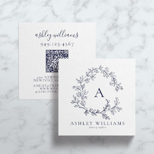 Elegant Navy Blue QR Code Monogram Floral Crest  Square Business Card