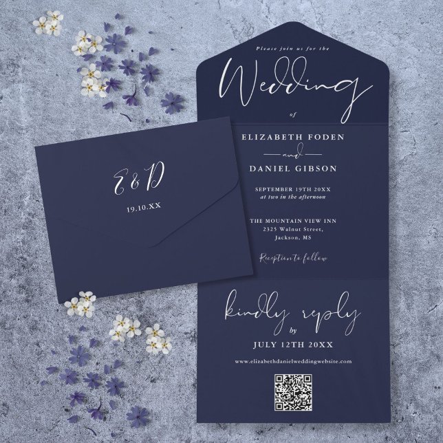 Elegant Navy Blue QR Code Monogram Wedding All In One Invitation (Elegant Navy Blue QR Code Monogram Wedding All In One Invitation)