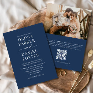 Elegant Navy Blue QR Code Photo Wedding Invitation
