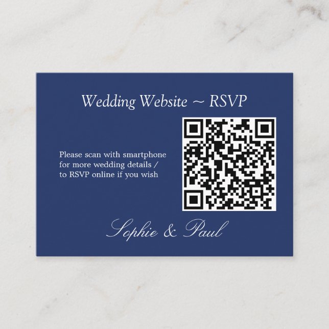 Elegant Navy Blue QR Code Website RSVP Card (Front)