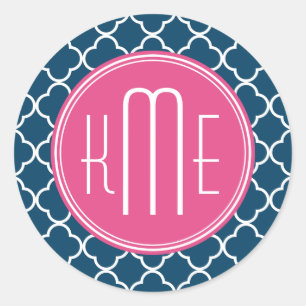 Elegant Navy Blue Quatrefoil with Pink Monogram Classic Round Sticker