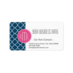 Elegant Navy Blue Quatrefoil with Pink Monogram Label