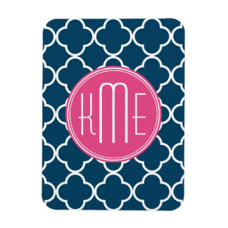 Elegant Navy Blue Quatrefoil with Pink Monogram Magnet