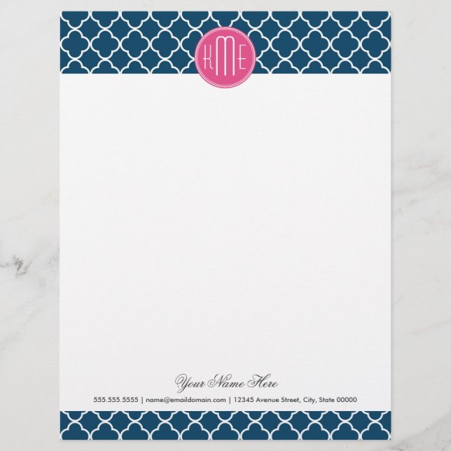 Elegant Navy Blue Quatrefoil with Pink Monogram Personalized Letterhead (Front)