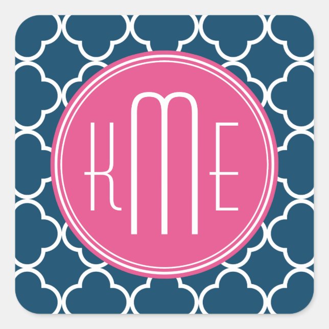 Elegant Navy Blue Quatrefoil with Pink Monogram Square Sticker (Front)
