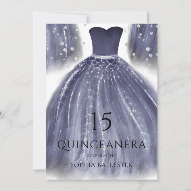 Elegant Navy Blue Quinceanera Dress Gown Party Invitation (Front)