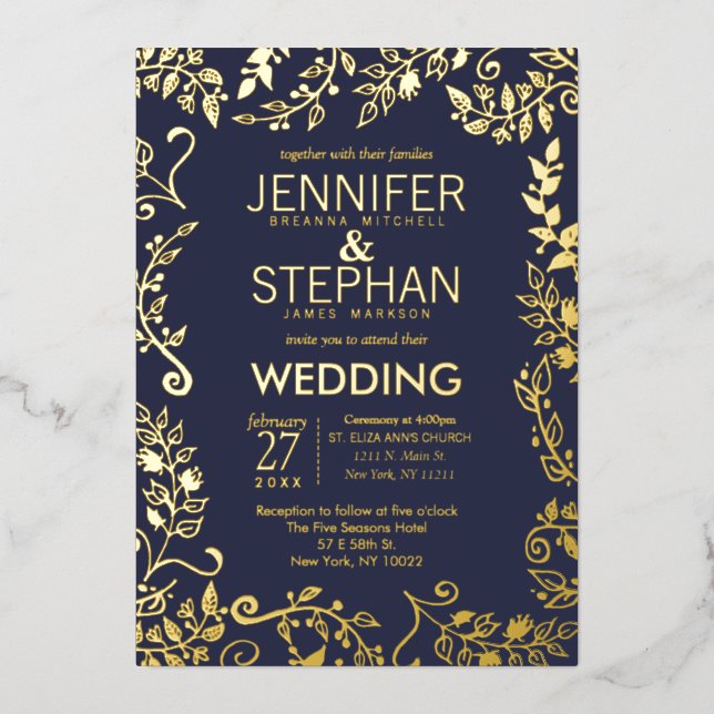 Elegant Navy Blue Real Gold Floral Wedding (Front)