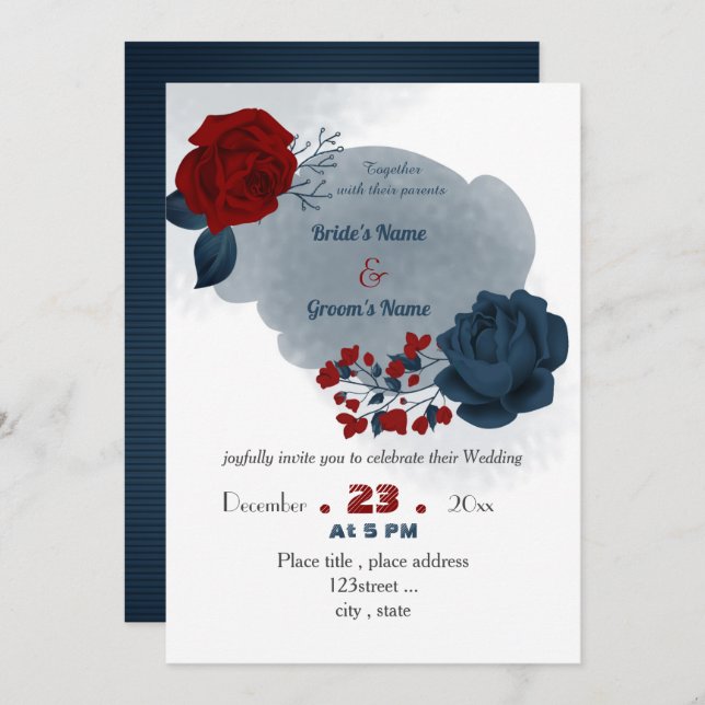 elegant navy blue & red flowers wedding invitation (Front/Back)