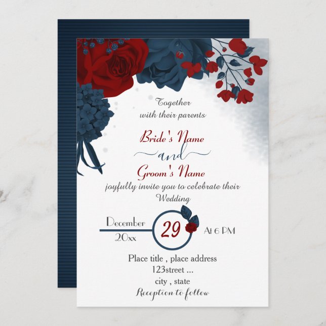 elegant navy blue & red flowers wedding invitation (Front/Back)
