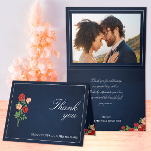Elegant Navy Blue Red Rose Floral Photo Wedding Thank You Card