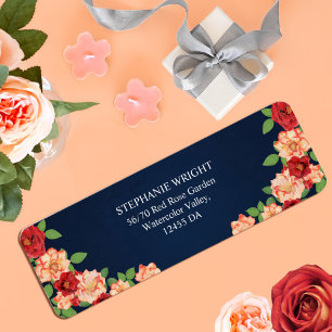 Elegant Navy Blue Red Rose Floral Wedding Address