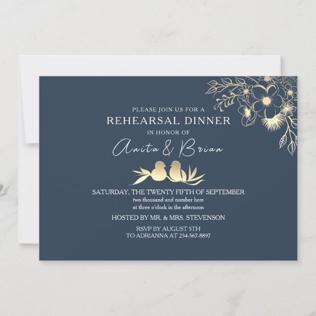 Elegant Navy Blue Rehearsal Dinner Invitation (Front)