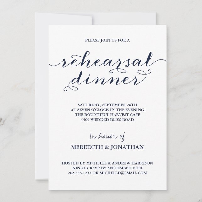 Elegant Navy Blue Rehearsal Dinner Invitation (Front)