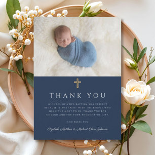 Elegant Navy Blue Religious Boy Photo Thank You Card