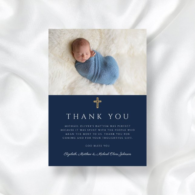 Elegant Navy Blue Religious Boy Photo Thank You Card (Elegant Navy Blue Religious Boy Photo Thank You Card)