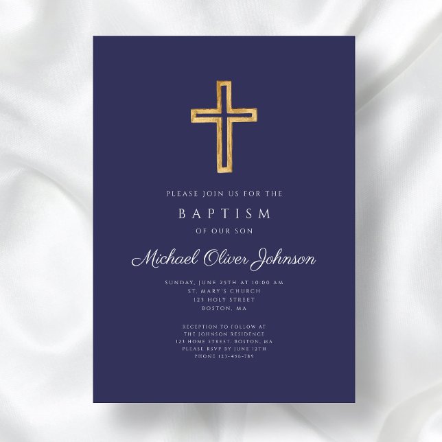 Elegant Navy Blue Religious Cross Boy Baptism Invitation (Elegant Navy Blue Religious Cross Boy Baptism Invitation)